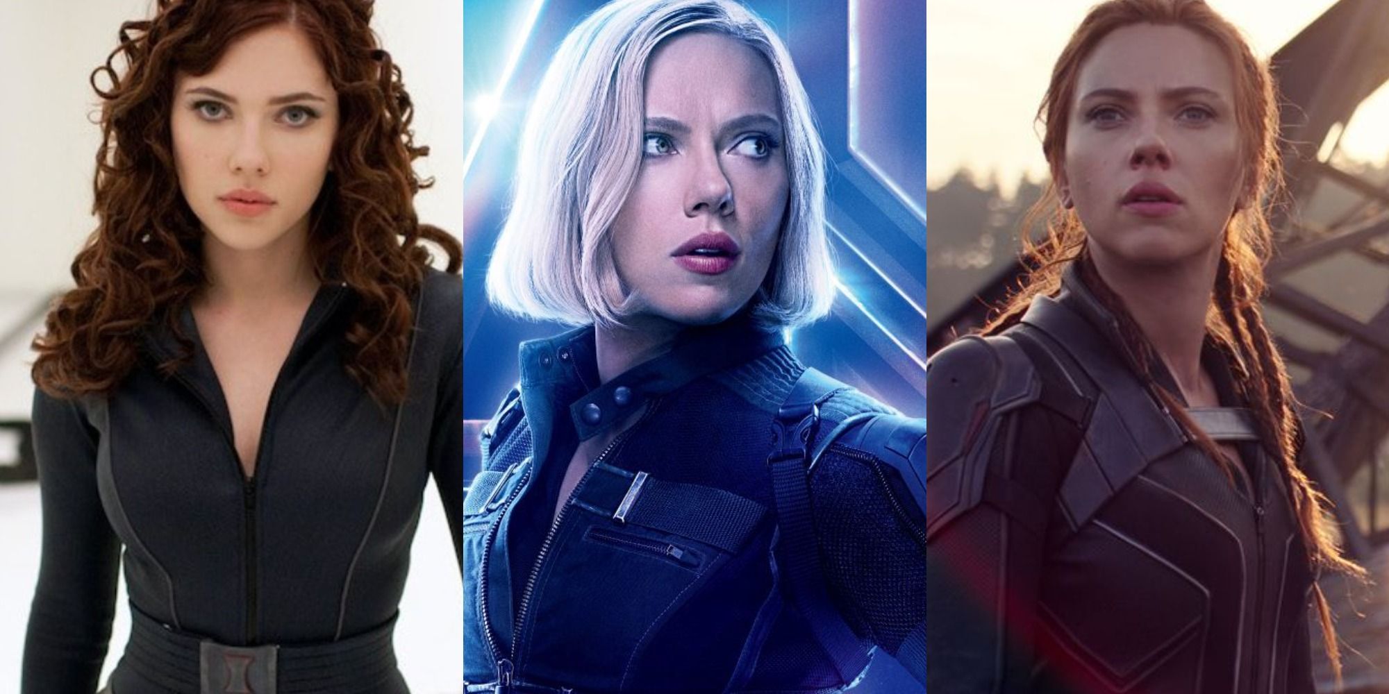 Split image of Black Widow in Iron Man 2, Avengers Infinity War and Black Widow (2021)