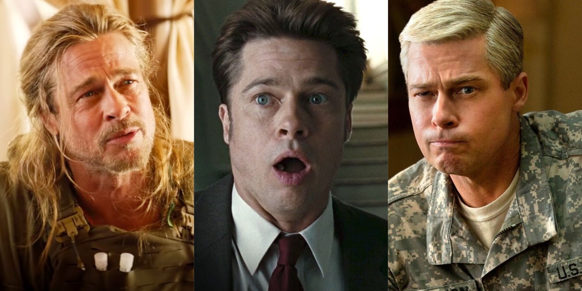 Split image of Brad PItt in The Lost City, Burn After Reading, and War Machine.jpg