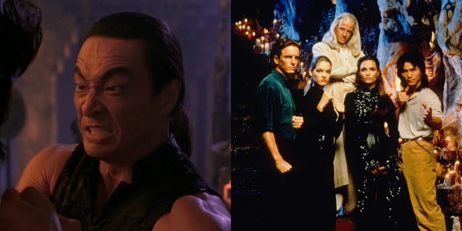 Split image of Shang Tsung battling Liu Kang and the cast in Mortal Kombat 1995