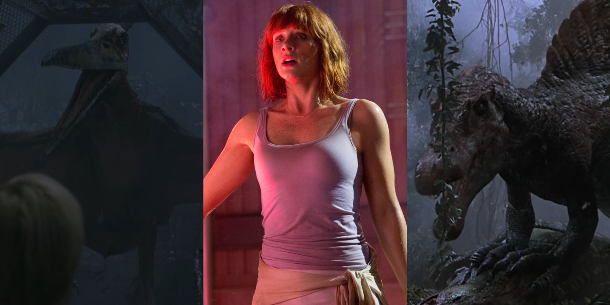 Split image of the Pteranodon, Claire Dearing, and the Spinosaurus from the Jurassic Park movies