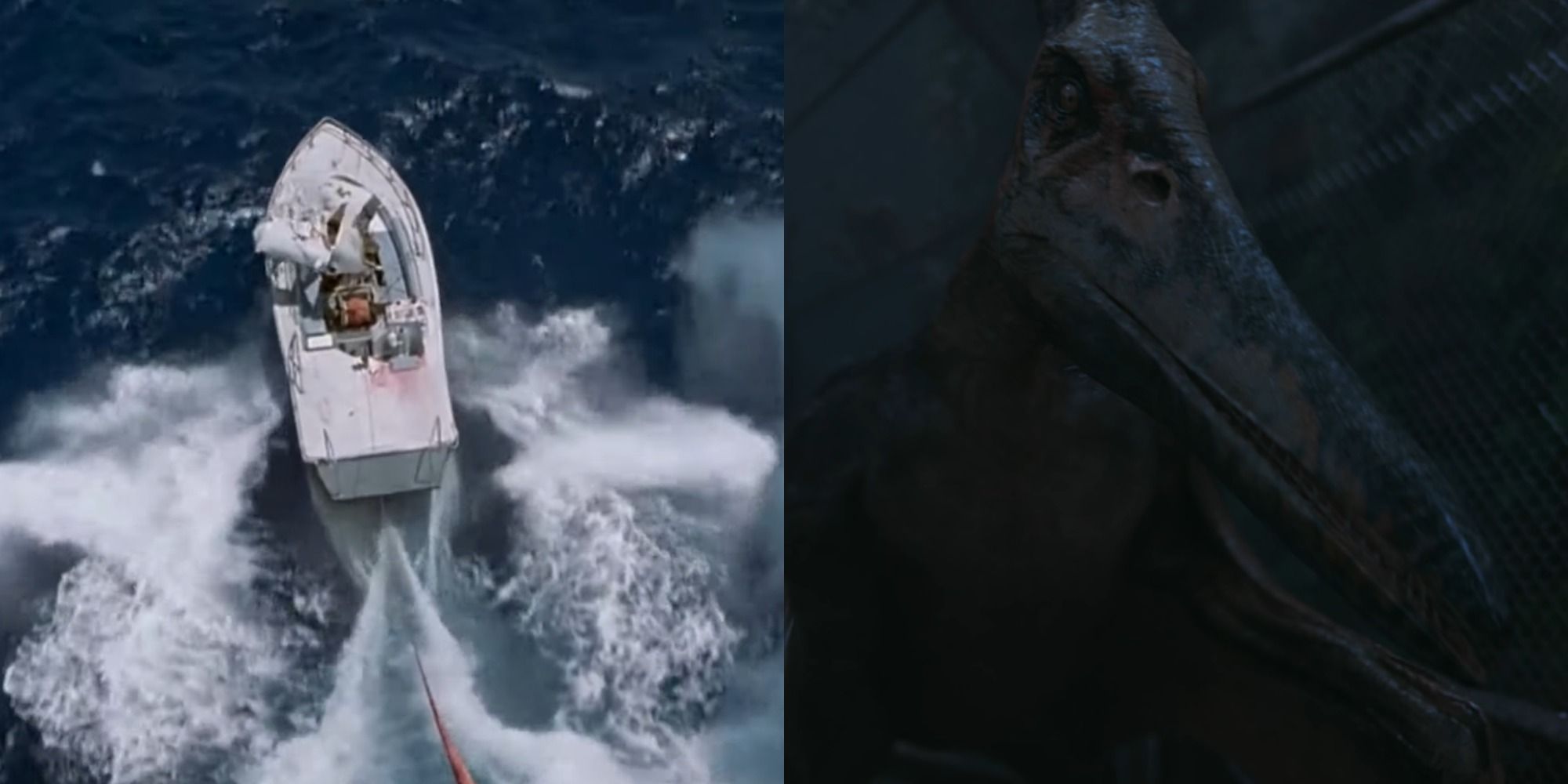 Split image of the parasailing boat and the pternadon from Jurassic Park III