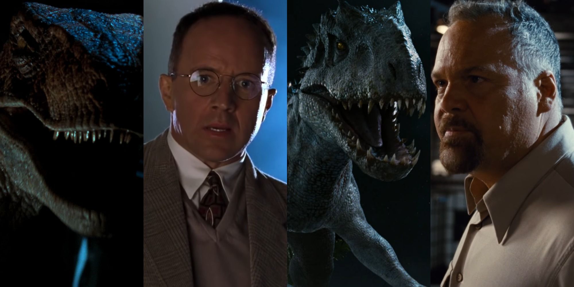 Split image of various dinosaur and human villains from across the Jurassic franchise