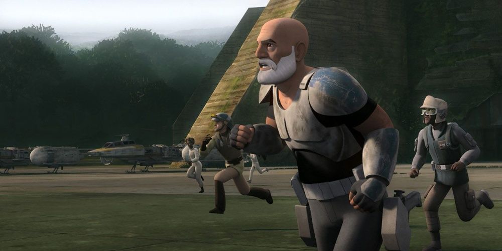 Catain Rex greets the Ghost crew as they arrive on Yavin IV in Star Wars Rebels