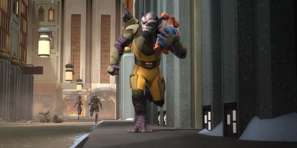 Zeb runs away from the Inquisitors with a Force sensitive child in Star Wars Rebels