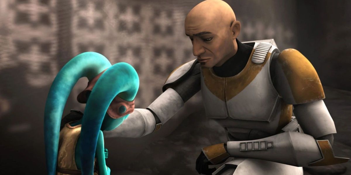 Waxer comforts a Twilek child on Ryloth in The Clone Wars