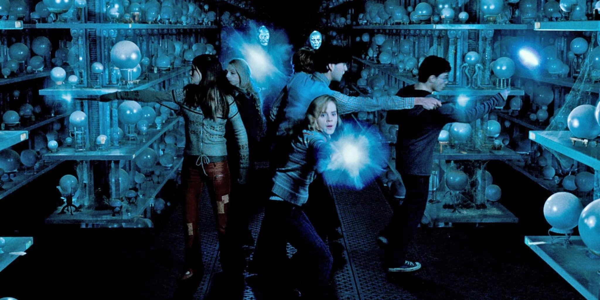 Hermione, Ginny, Harry, Neville, and Luna use Stupefy to expel Death Eaters in the Ministry of Magic's Department of Mysteries in Harry Potter and the Order of the Phoenix