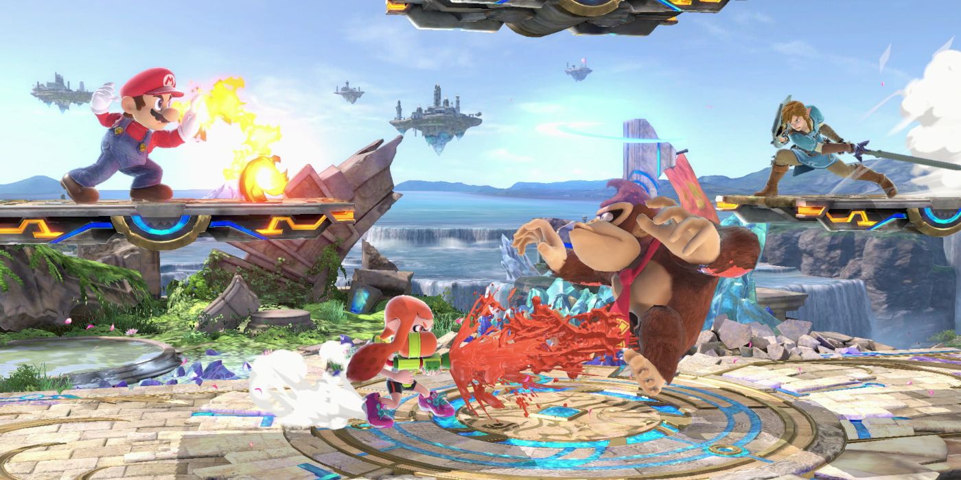 An image of Mario, Donkey Kong and Link battling in Super Smash Bros.