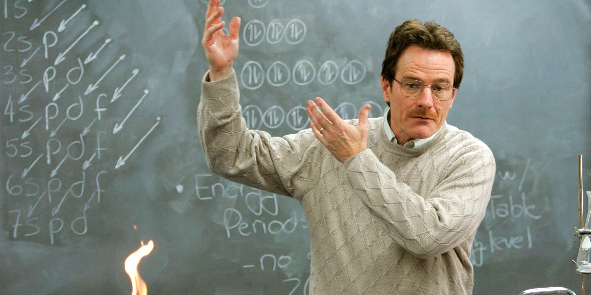 Walter White in the pilot episode of Breaking Bad, standing by a chalkboard in chemistry class.