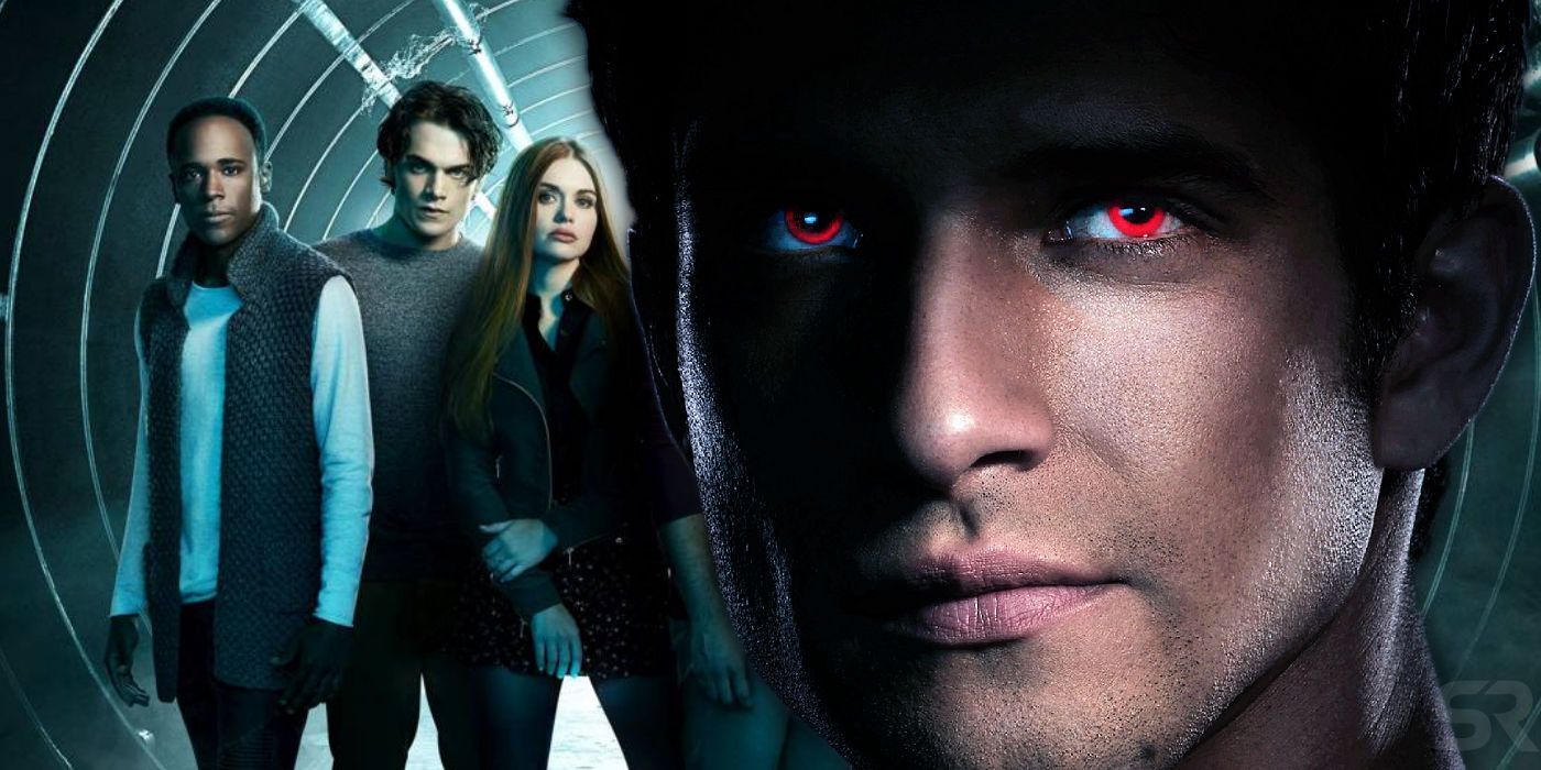 A blended image features Mason, Liam, and Lydia from a Teen Wolf promotional photo shoot in the background with a closeup of Scott with glowing red eyes in Teen Wolf in the foreground