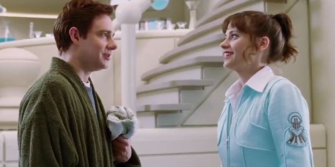 Arthur and Trillian talking in The Hitchhiker's Guide to the Galaxy