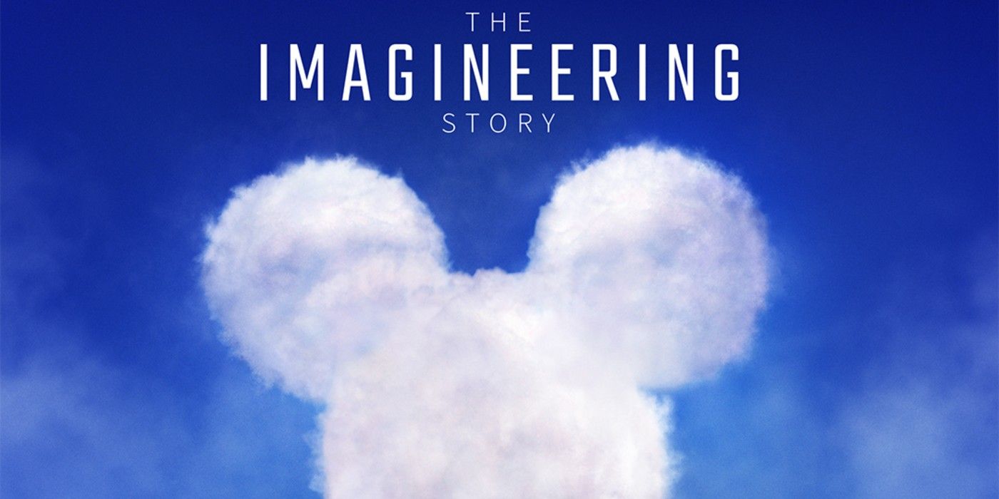 A Mickey-Shaped cloud sits on the logo for The Imagineering Story