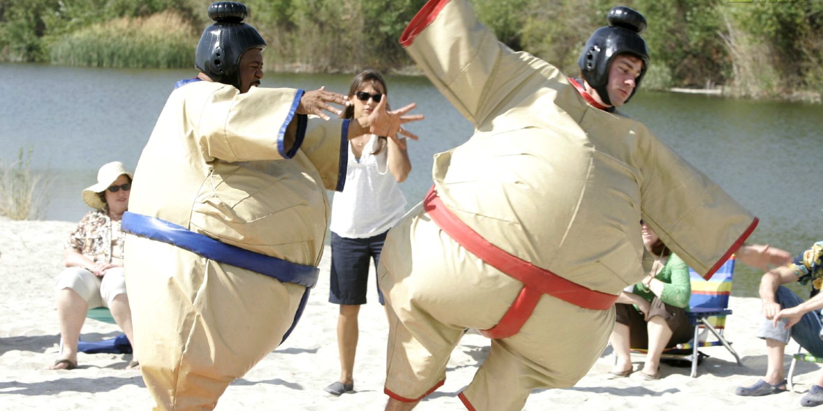 The Office Season 3 episode Beach Games with Stanley and Jim in Sumo suits