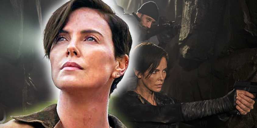 A composite image of Charlize Theron looking up over her shoulder in front of Theron pointing a pistol inside a cave in The Old Guard