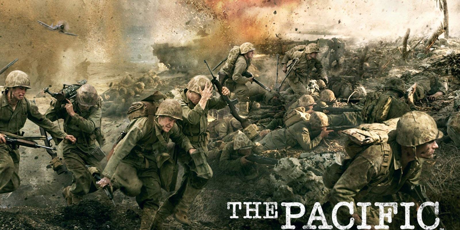 The poster for HBO series The Pacific showing lots of men on the battlefield shooting and dying