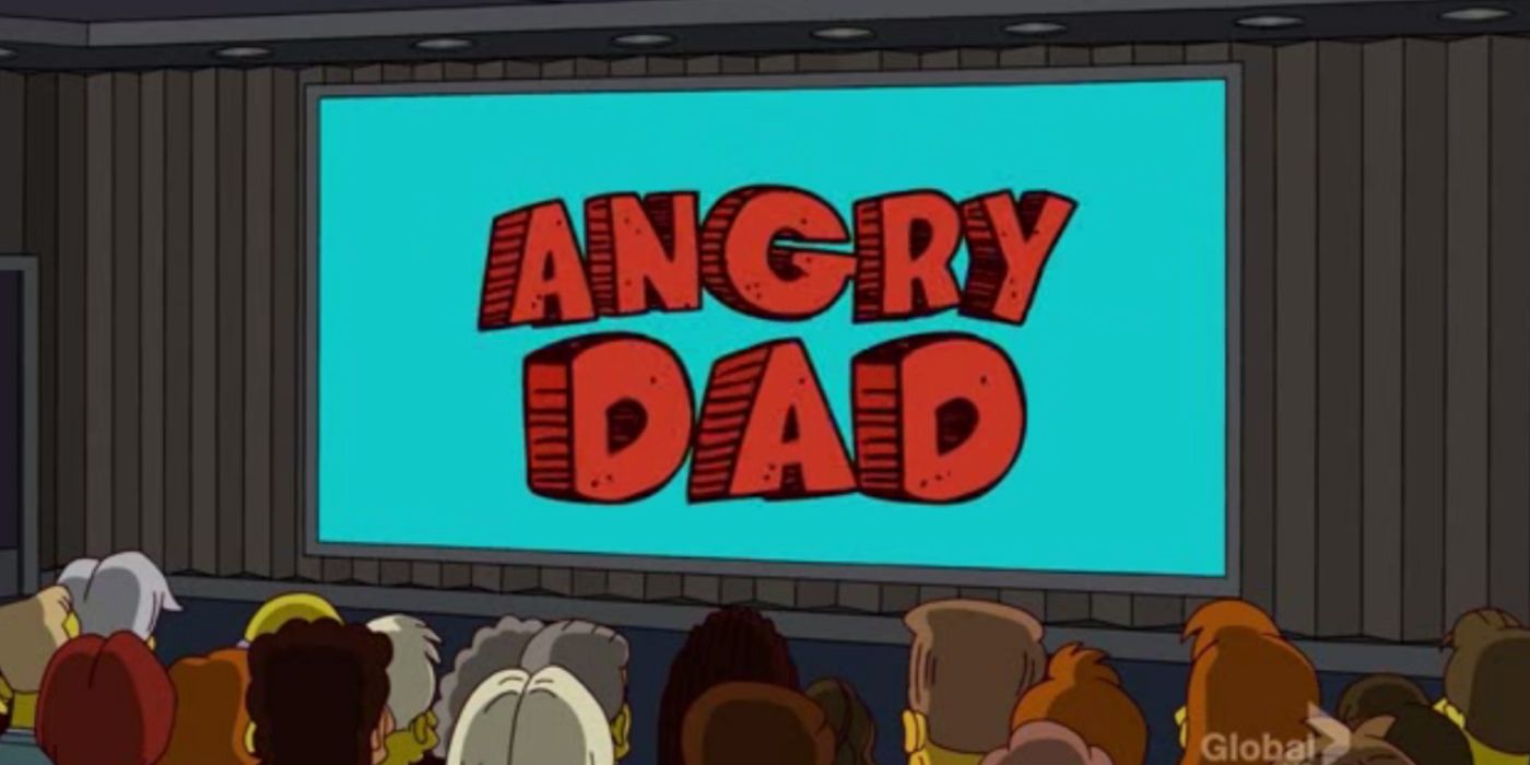 A movie theatre screen featuring the title screen for Angry Dad in The Simpsons.