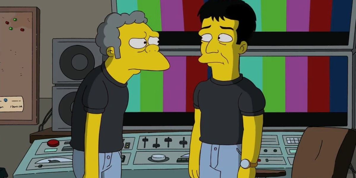 Moe looking angrily at a worried Simon Cowell in The Simpsons.