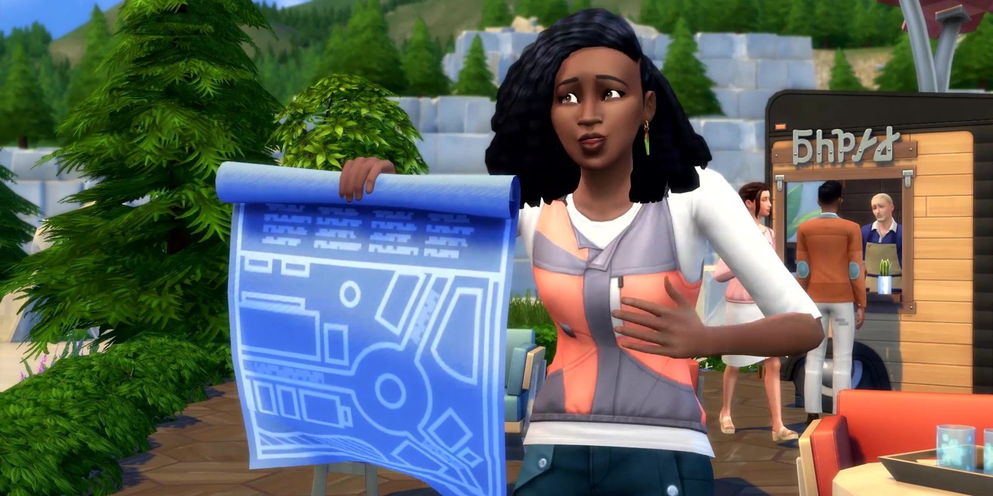 A woman holding a blueprint in The Sims 4