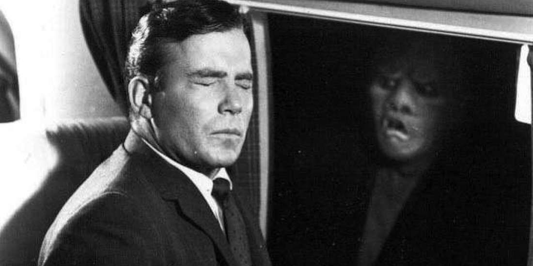 William Shatner sitting on a plane and seeing a gremlin in The Twilight Zone