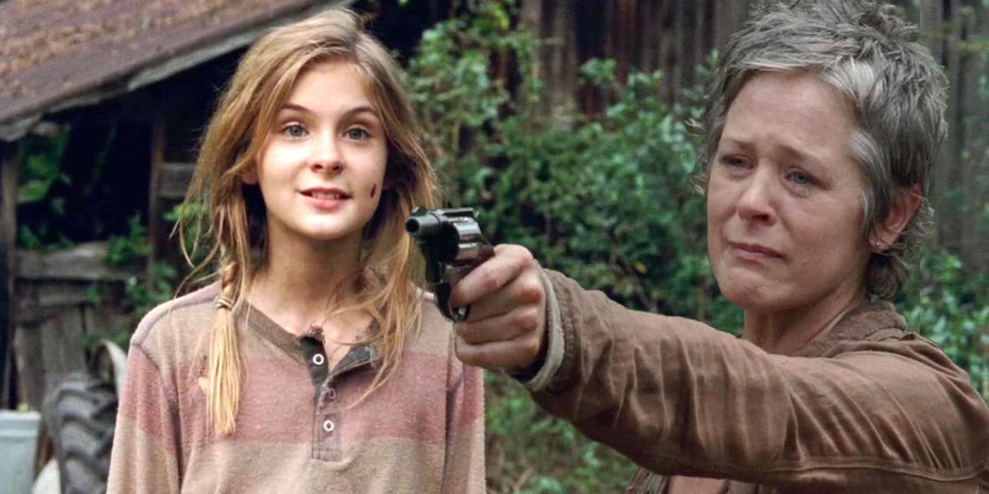 Carol holding a gun, crying on The Walking Dead split with an image of Lizzie smiling.