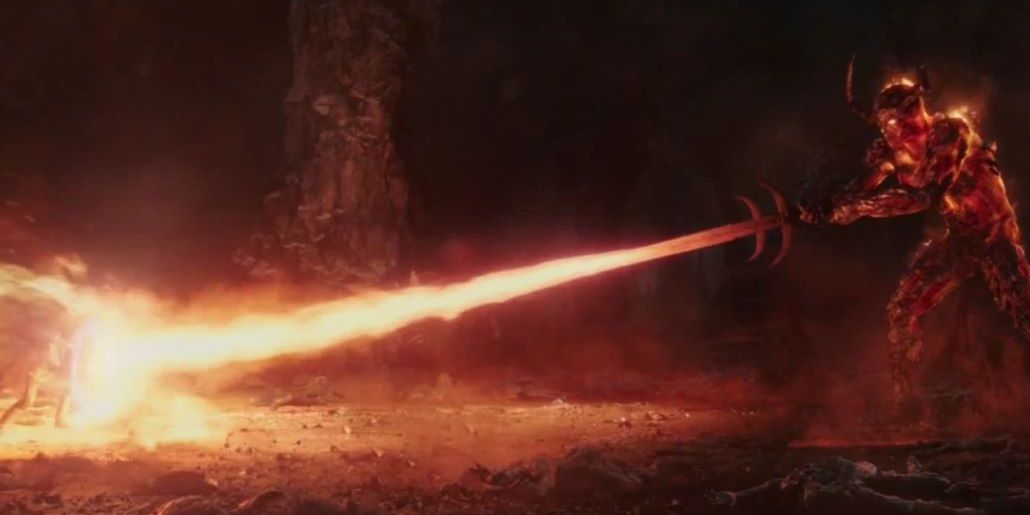 Surtur blasts fire at Thor in Thor: Ragnarok