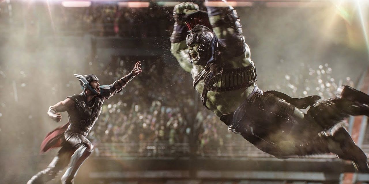 Thor and Hulk leap at one another in the Grandmasters gladiator arena.