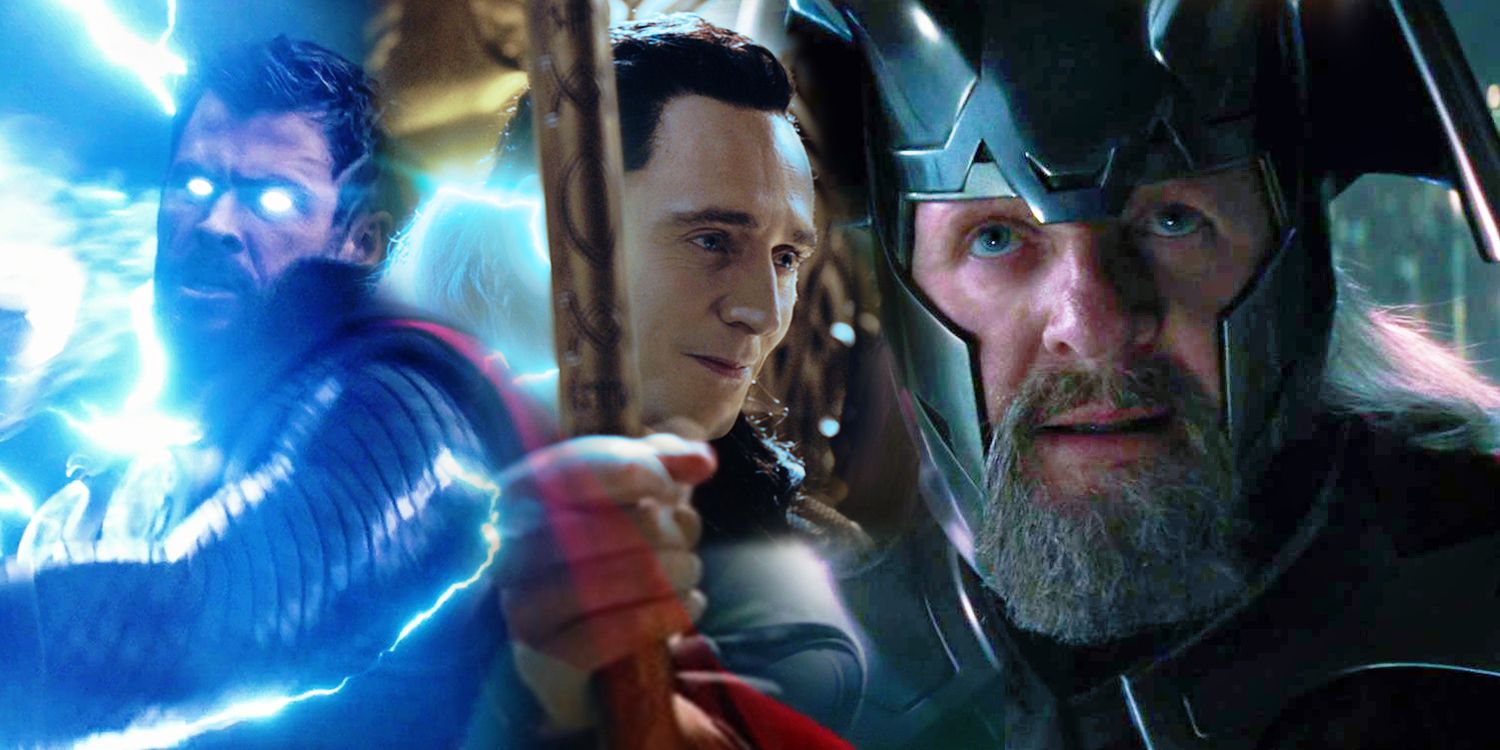 Thor with Stormbreaker, Loki in the Asgardian throne, and young Odin