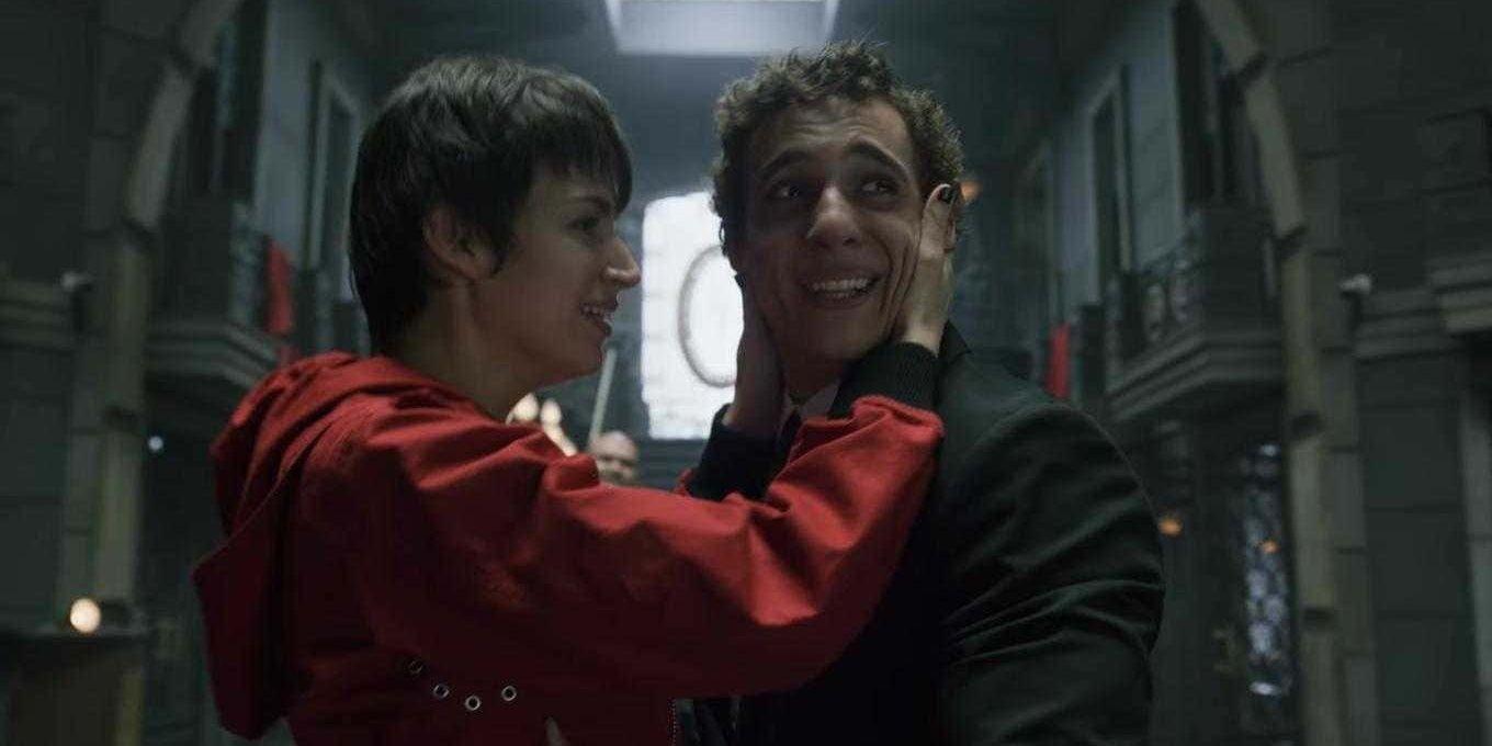 Ursula Corbero and Miguel Herran cry and smile in Money Heist.