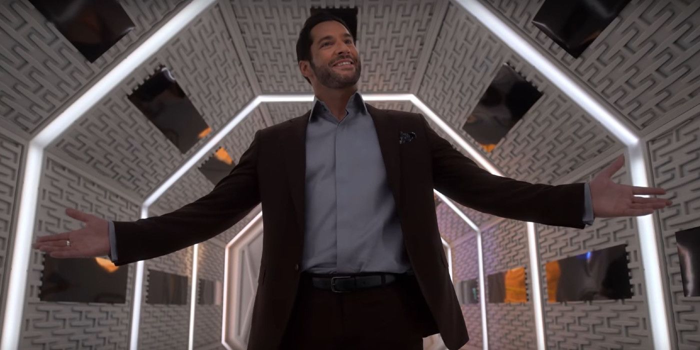Tom Ellis as Michael with his hands out at his sides in Lucifer Season 5