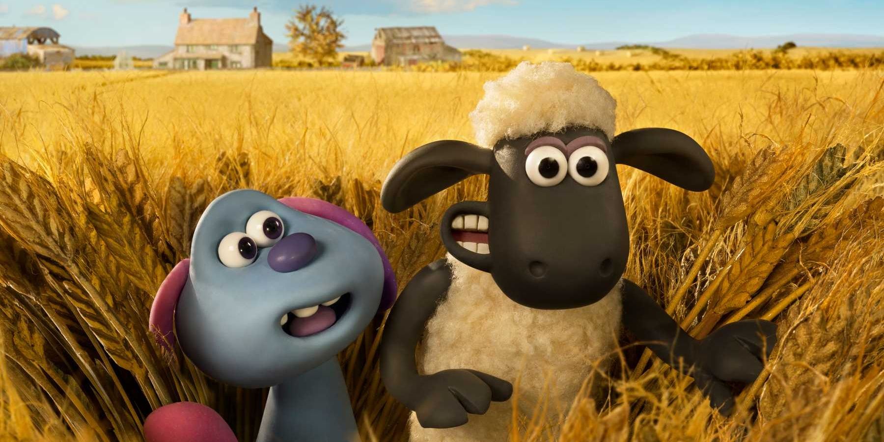 Shaun The Sheep guides his new alien friend through a corn field.