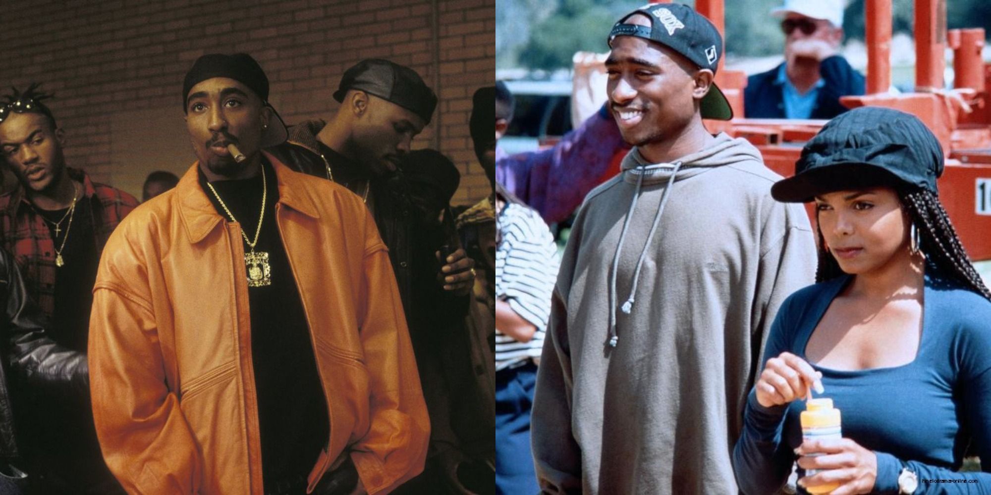 Split image of Tupac walking in Juice and standing with Janet Jackson in Poetic Justice