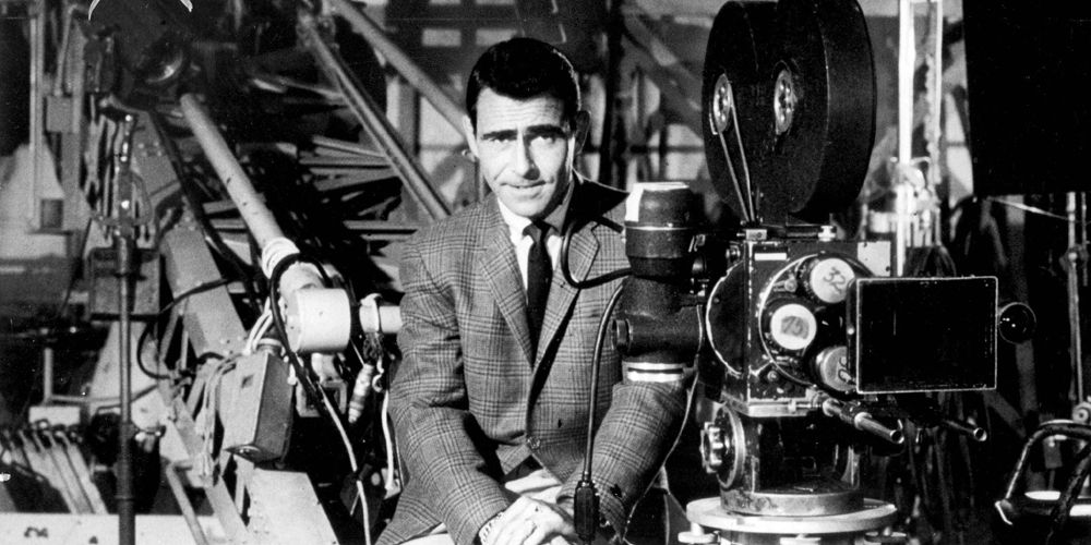 Twilight Zone producer Rod Serling posing with cameras