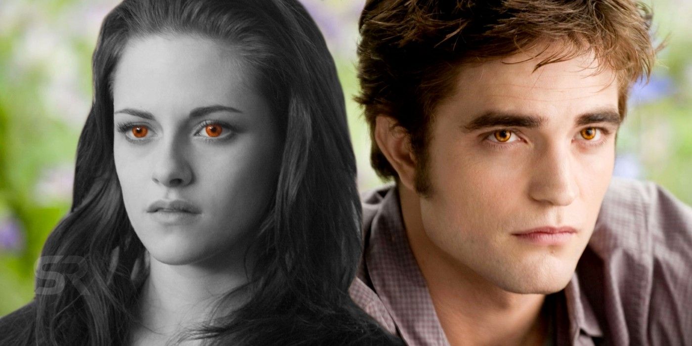 A blended image features Bella with red vampire eyes and Edward with gold vampire eyes in the Twilight Saga
