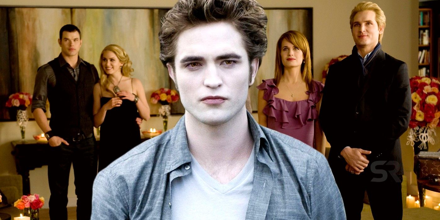 A blended image features Emmett, Rosalie, Esme, and Carlisle in the background and Edward in the foreground in the Twilight Saga