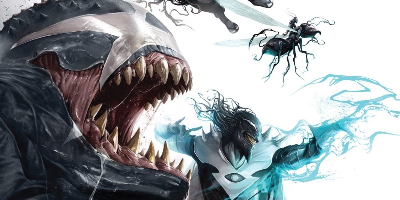 Variants of Venom launch into battle in Marvel Comics.