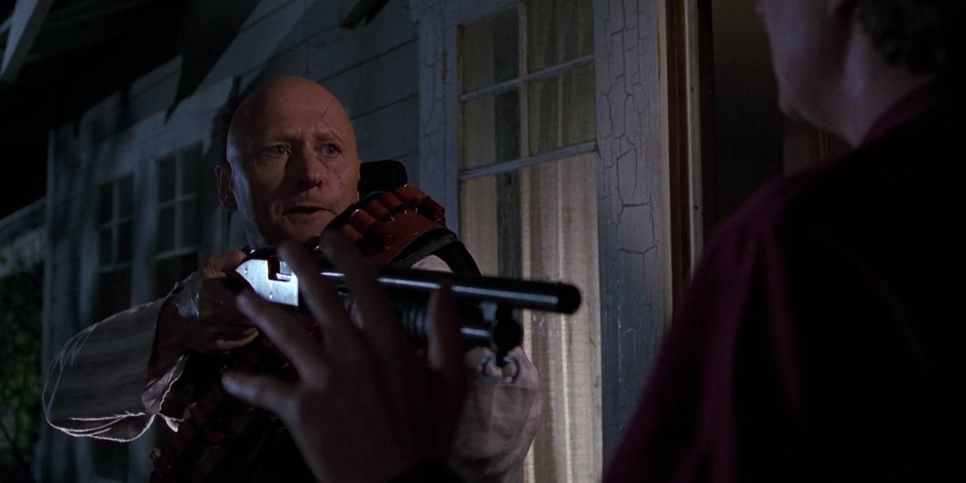 Strickland holding a shotgun in alternate 1985 in Back to the Future Part II