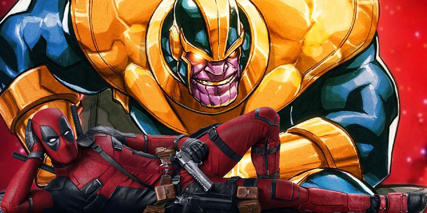 Deadpool laying down with Thanos in the background
