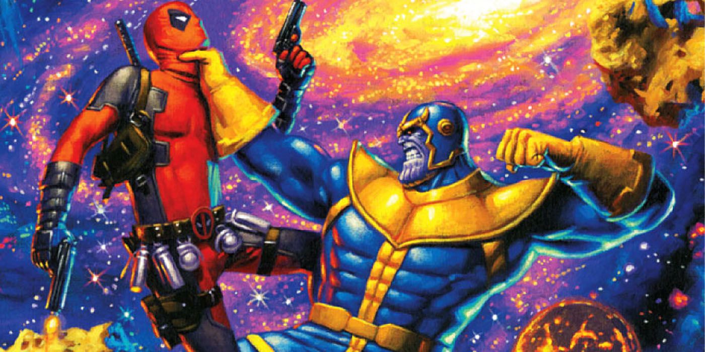 Thanos about to punch Deadpool in Marvel comics