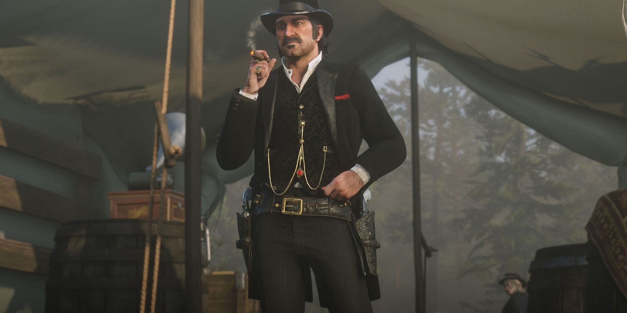 Dutch Van Der Linde smoking a cigar in his tent in the middle of the gang's camp in Red Dead Redemption 2
