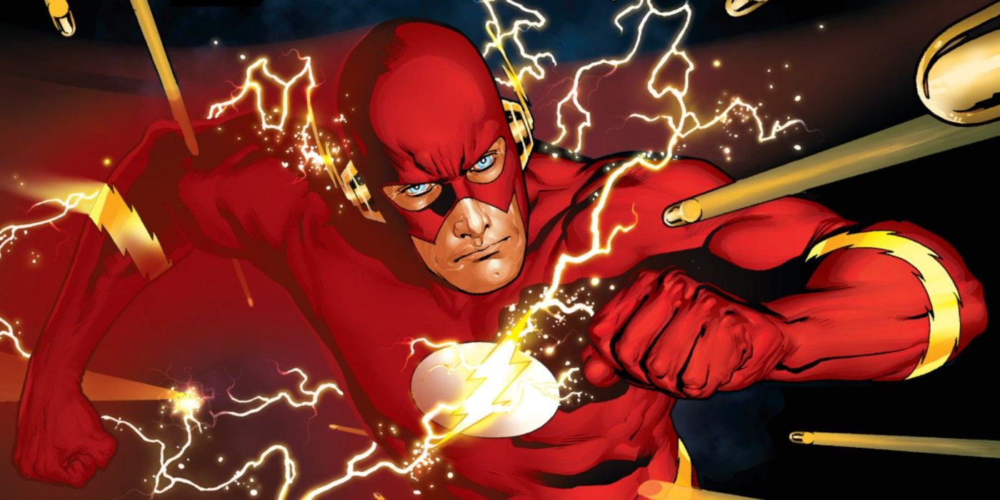 The Flash running with yellow lighting surrounding him.