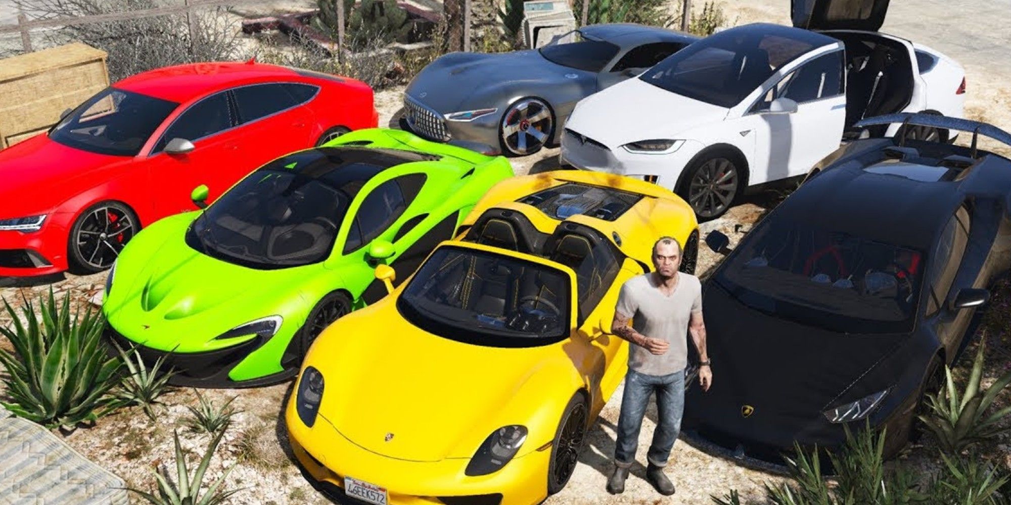 A selection of vehicles in Grand Theft Auto 5. A few of the cars are yellow, lime green, and red