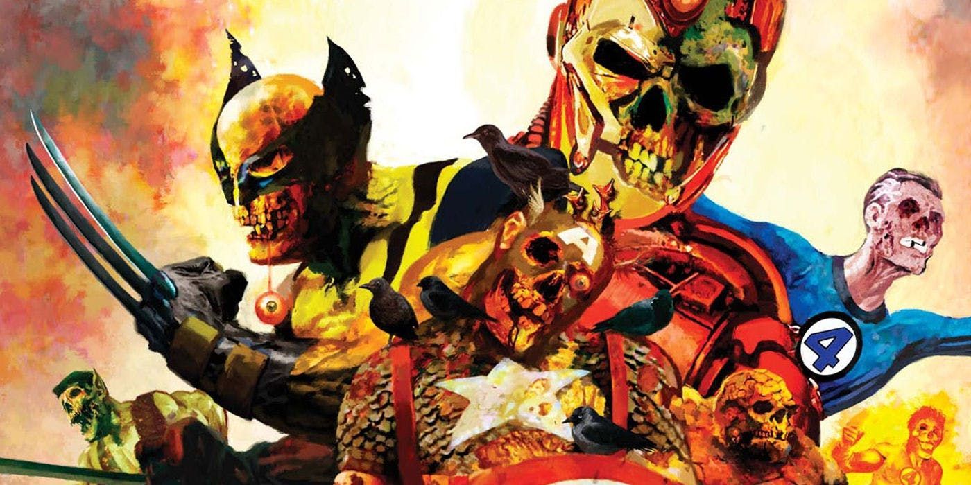 Wolverine, Iron Man, Mr. Fantastic, and Captain America as zombies in Marvel Comics