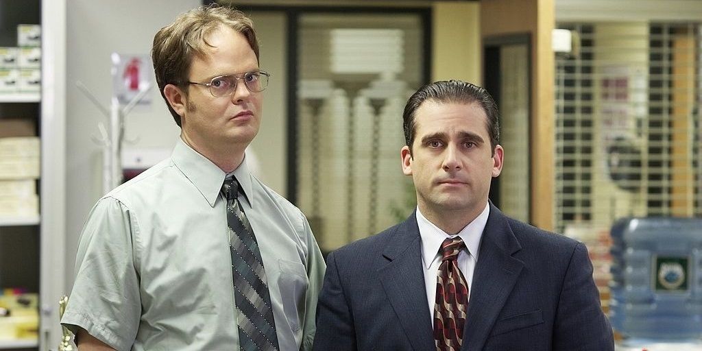 michael scott and dwight schrute from the office looking at the camera