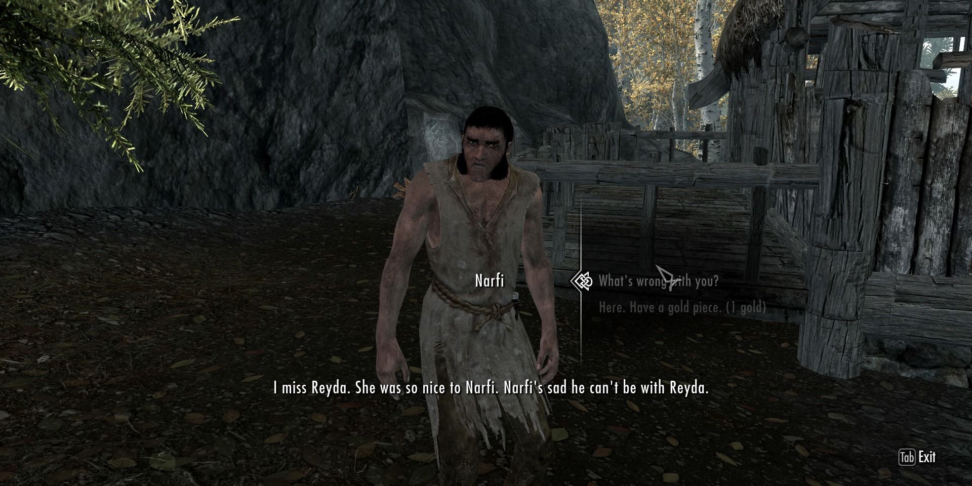 An image of Narfi speaking to the player in Skyrim, describing how he misses his sister Reyda.