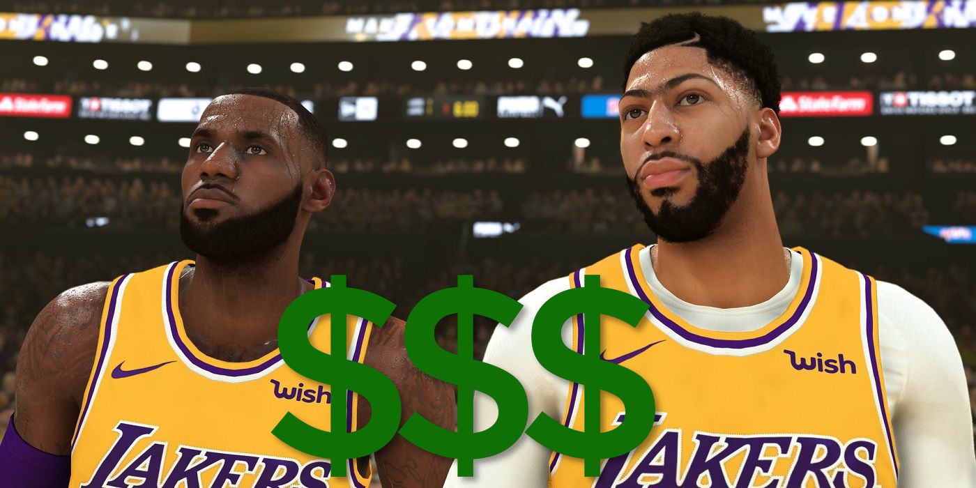Screenshot of NBA 2K21 featuring the LA Lakers with dollar symbols.
