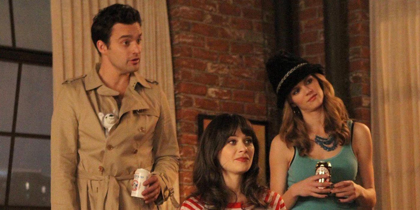Nick, Jess, and another woman are confused while playing True American in the New Girl episode Cooler