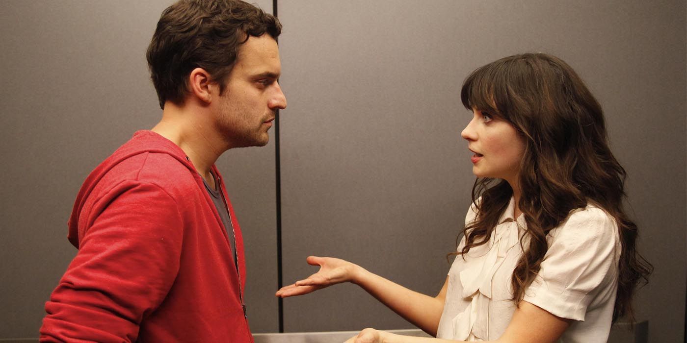 Jess tries to talk to Nick in the elevator after seeing him naked, but Nick is too angry with her in New Girl