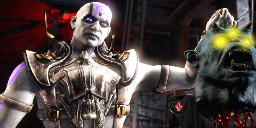 Quan Chi holding up the decapitated head of Moloch in Mortal Kombat X