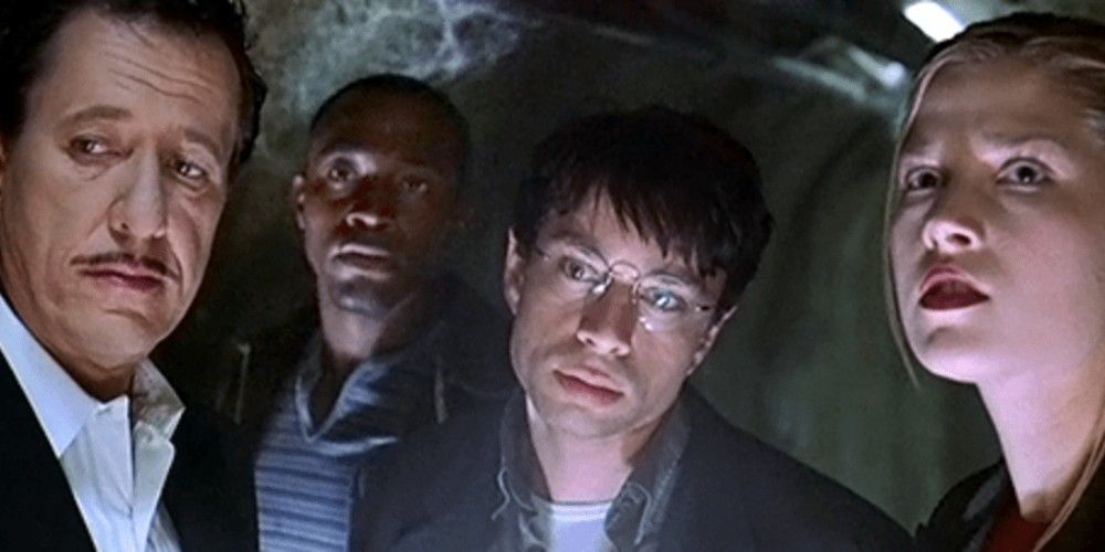Stephen Price (Geoffrey Rush), Eddie (Taye Diggs), Pritchett (Chris Katan), and Sara (Ali Larter) looking worried in House on Haunted Hill