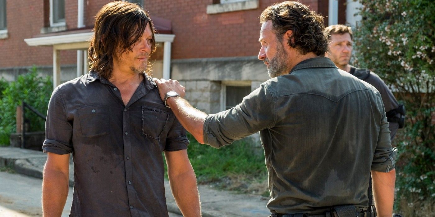 Rick touching Daryl's should in Alexandria in The Walking Dead