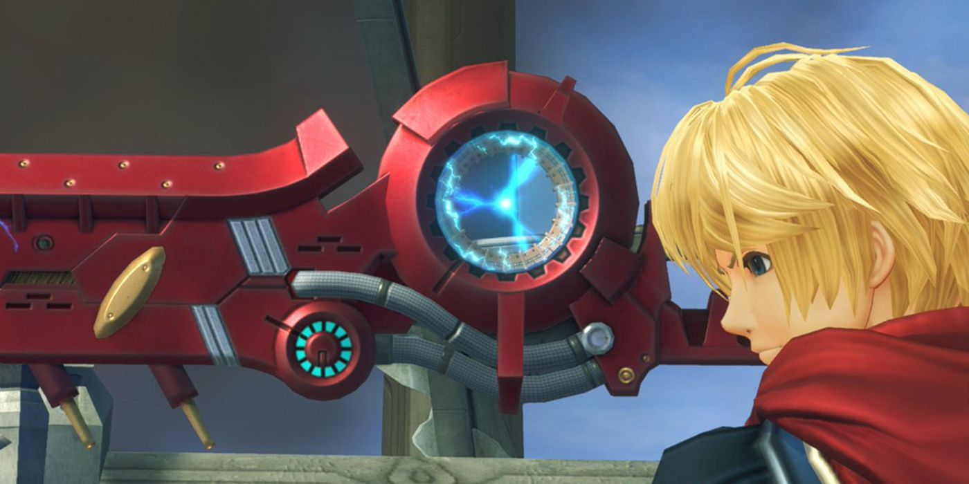 Shulk holds the monado, a red sword with blue center, in a fighting stance.
